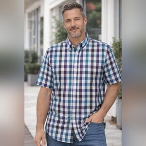 Eddie Bauer Plaid Short Sleeve Button Up Shirt Men’s L Tall Blue Purple